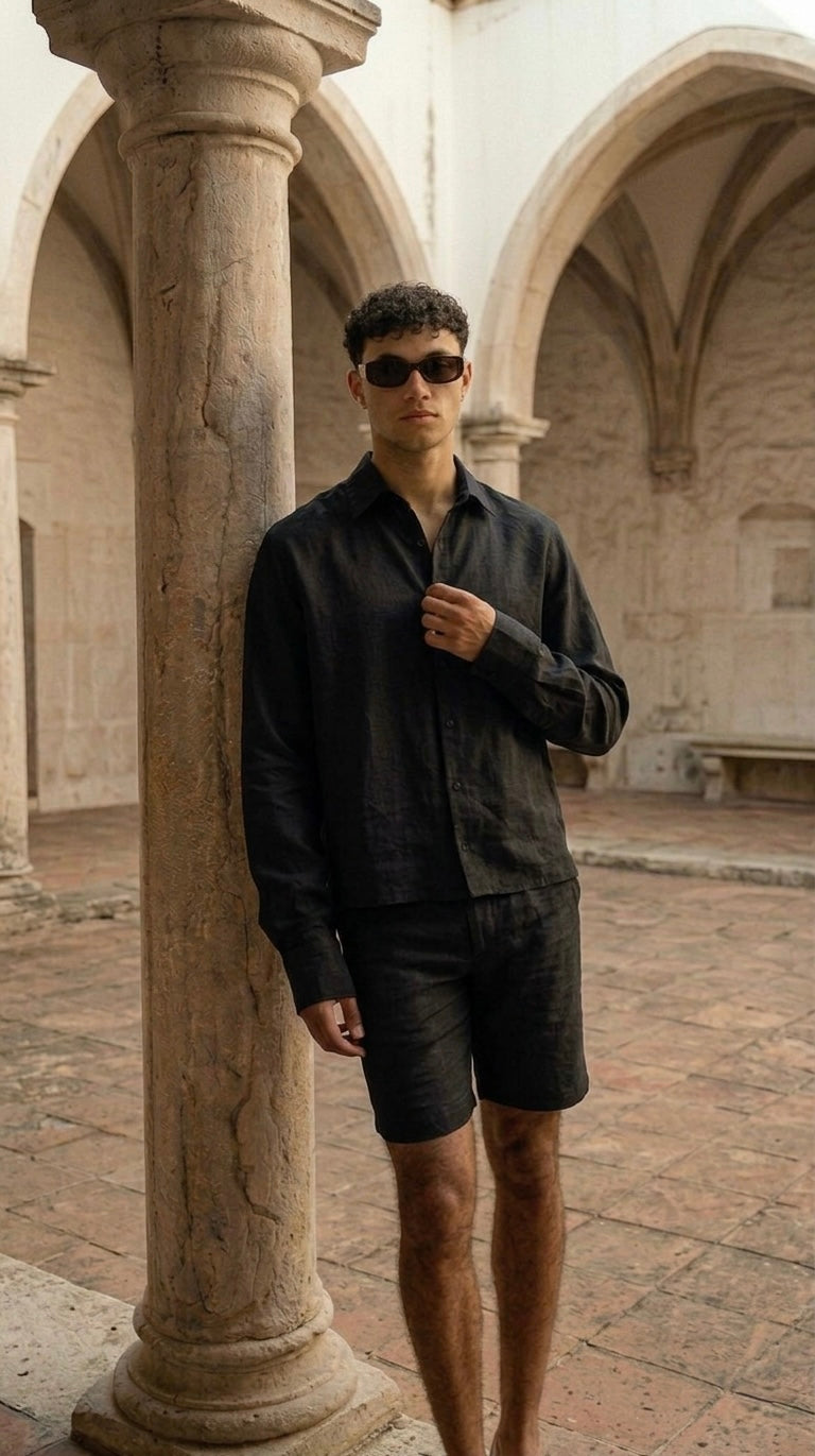 Riviera Linen Style Long Sleeve Black Shirt