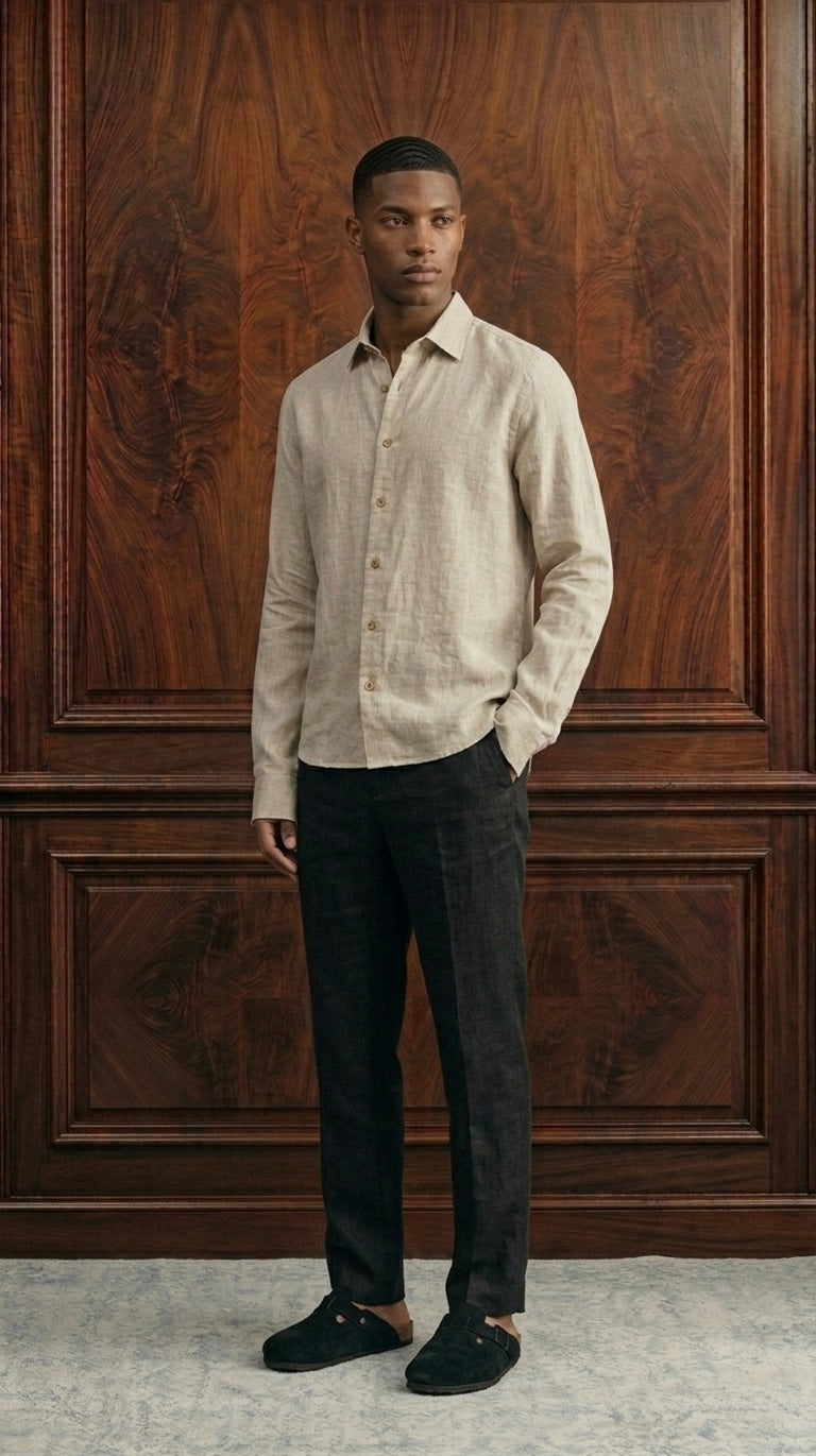 Riviera Linen Style Long Sleeve Beige Shirt
