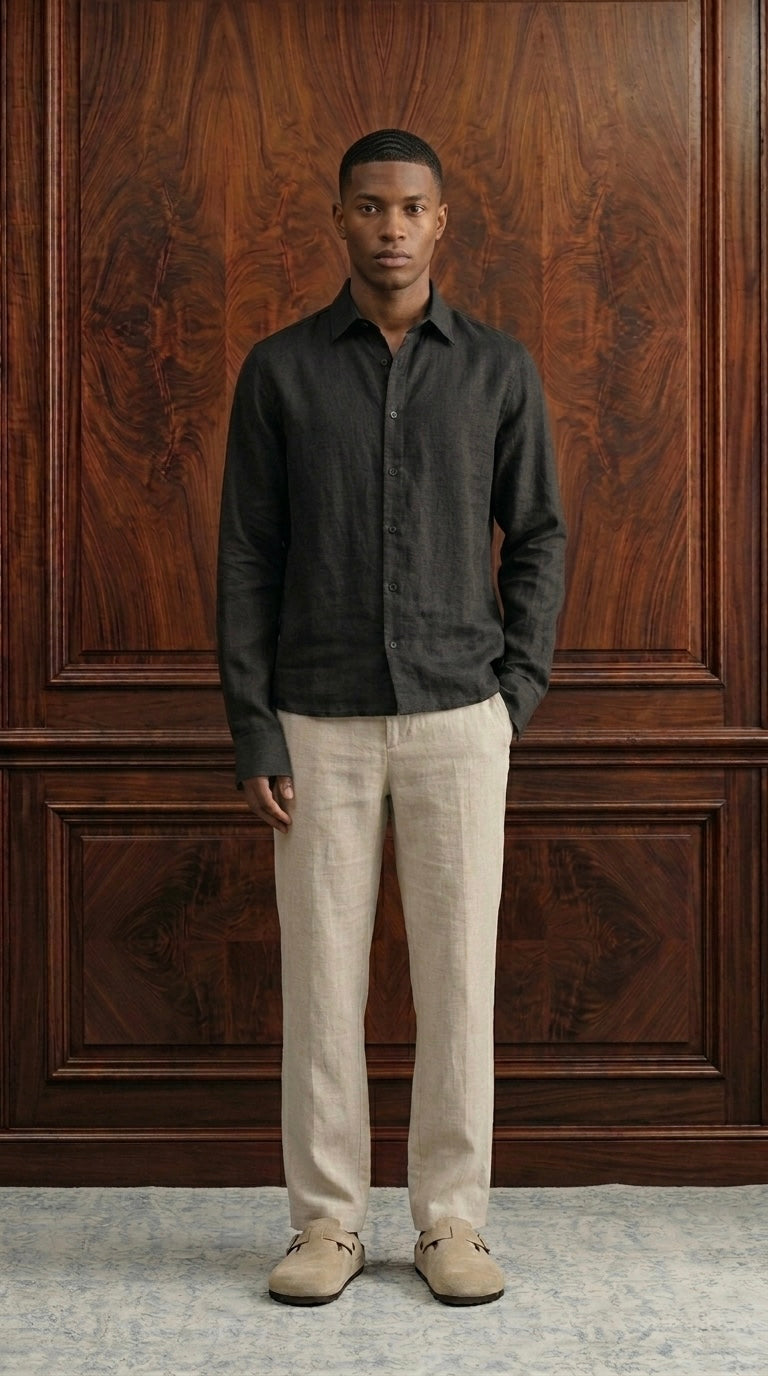 Riviera Linen Style Long Sleeve Black Shirt