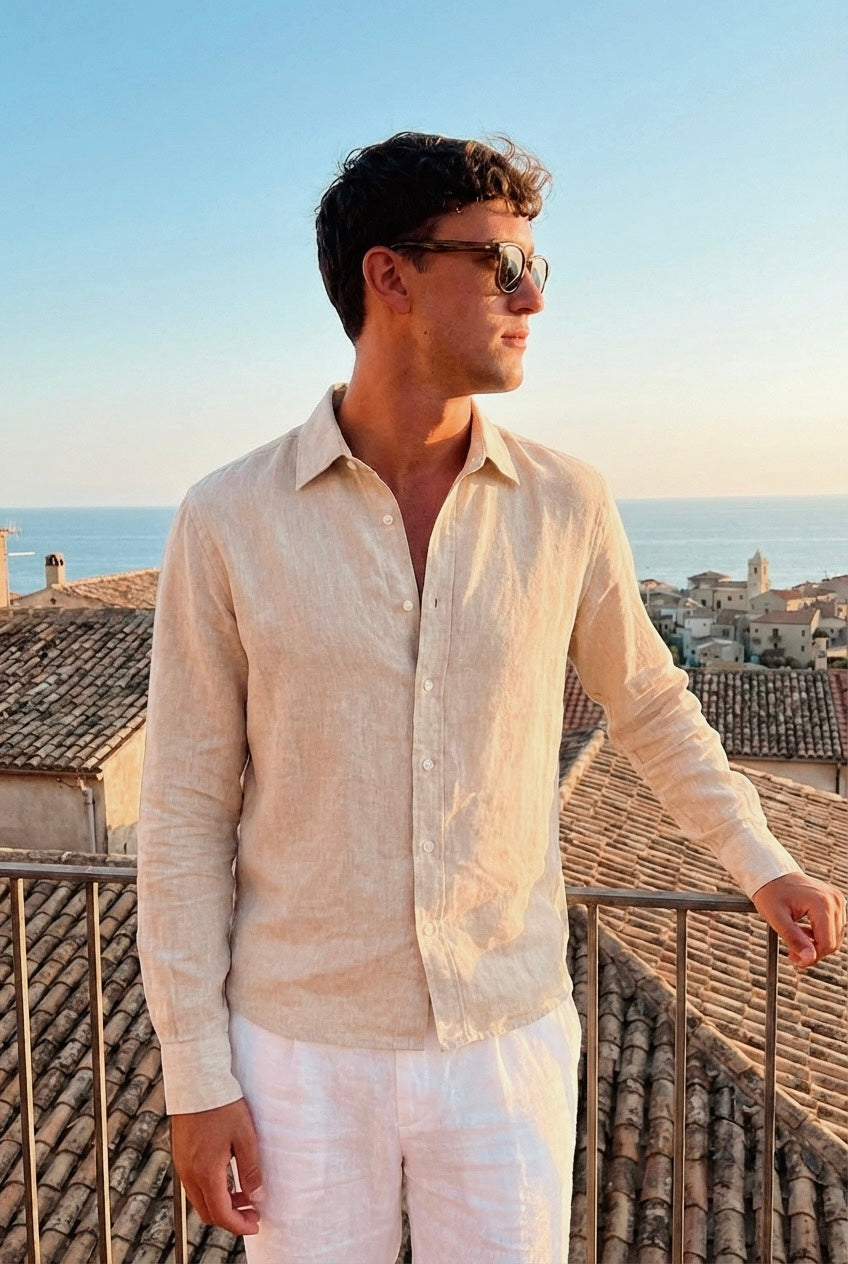 Riviera Linen Style Long Sleeve Beige Shirt