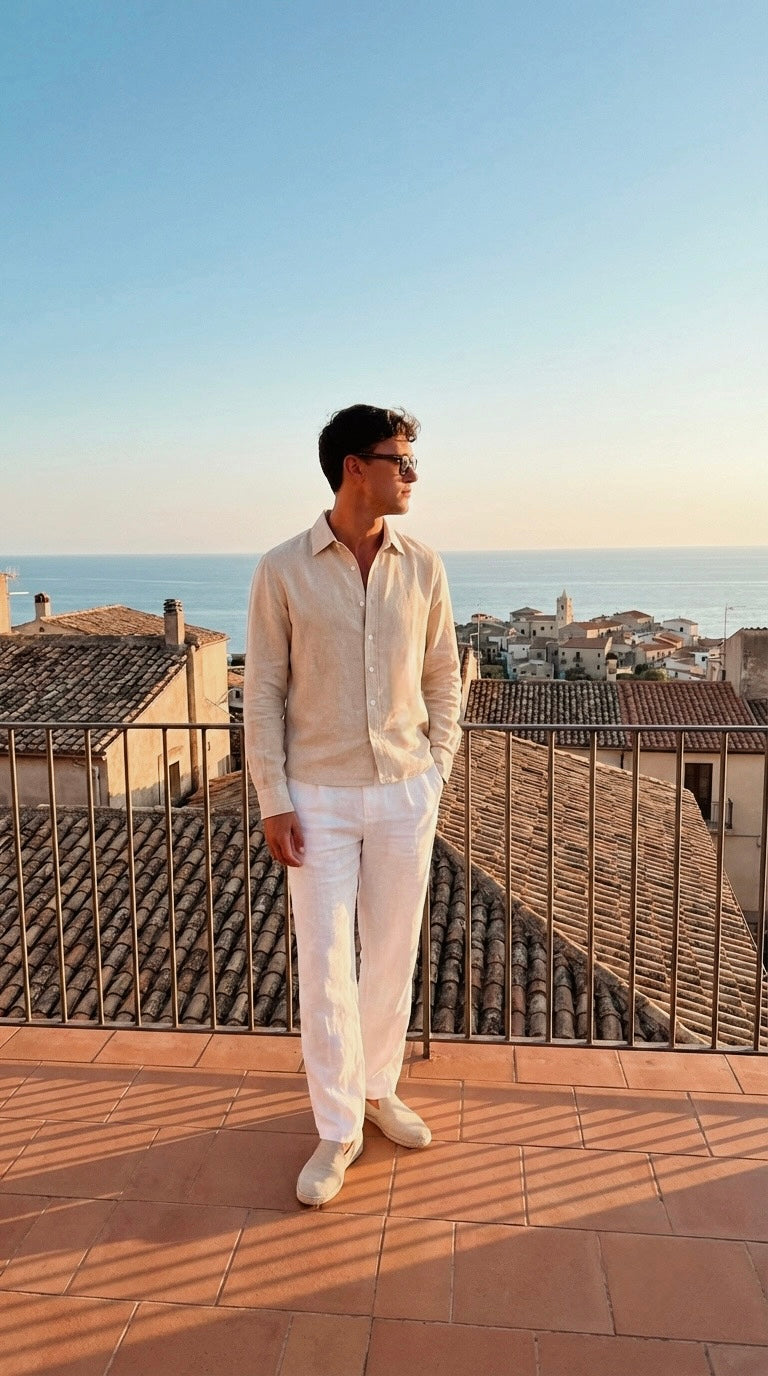 Riviera Linen Style Long Sleeve Beige Shirt