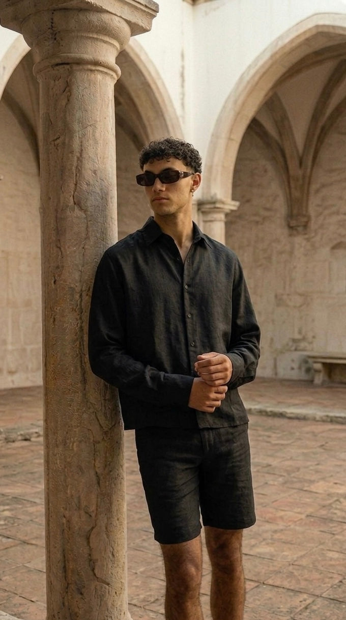 Riviera Linen Style Long Sleeve Black Shirt