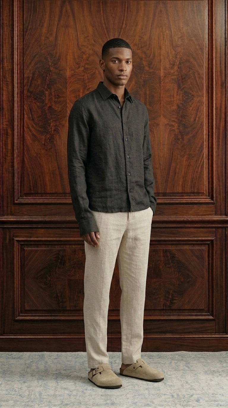 Riviera Linen Style Long Sleeve Black Shirt