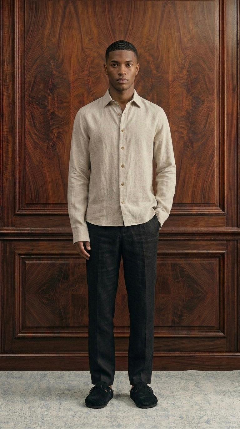 Riviera Linen Style Long Sleeve Beige Shirt