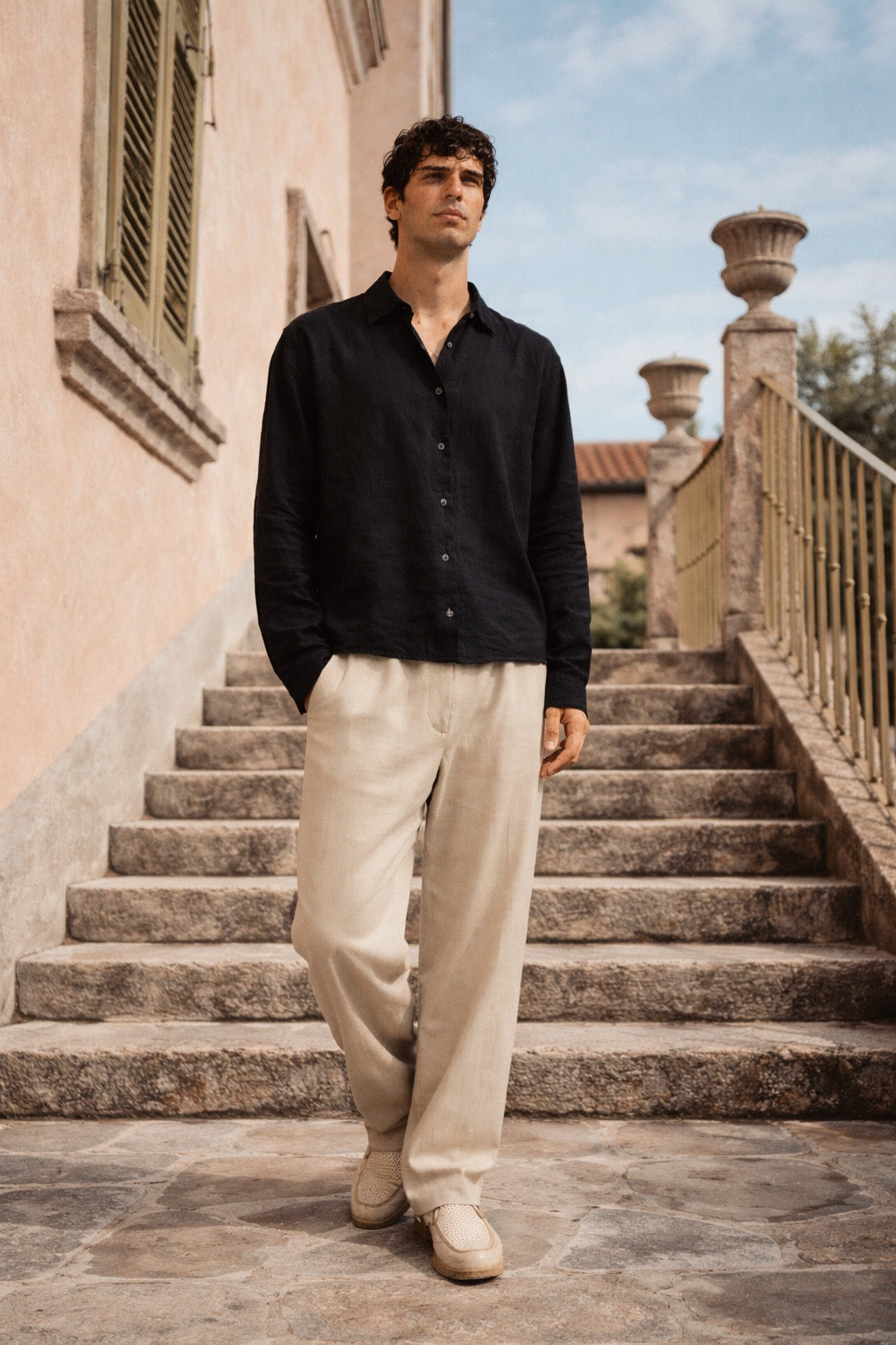 Riviera Linen Style Long Sleeve Black Shirt