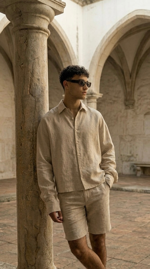 Riviera Linen Style Long Sleeve Beige Shirt