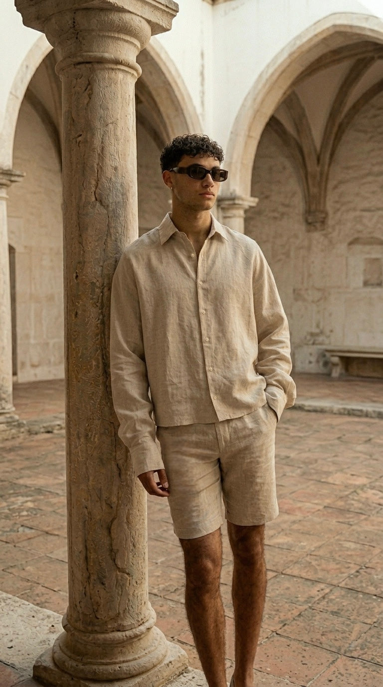 Riviera Linen Style Long Sleeve Beige Shirt