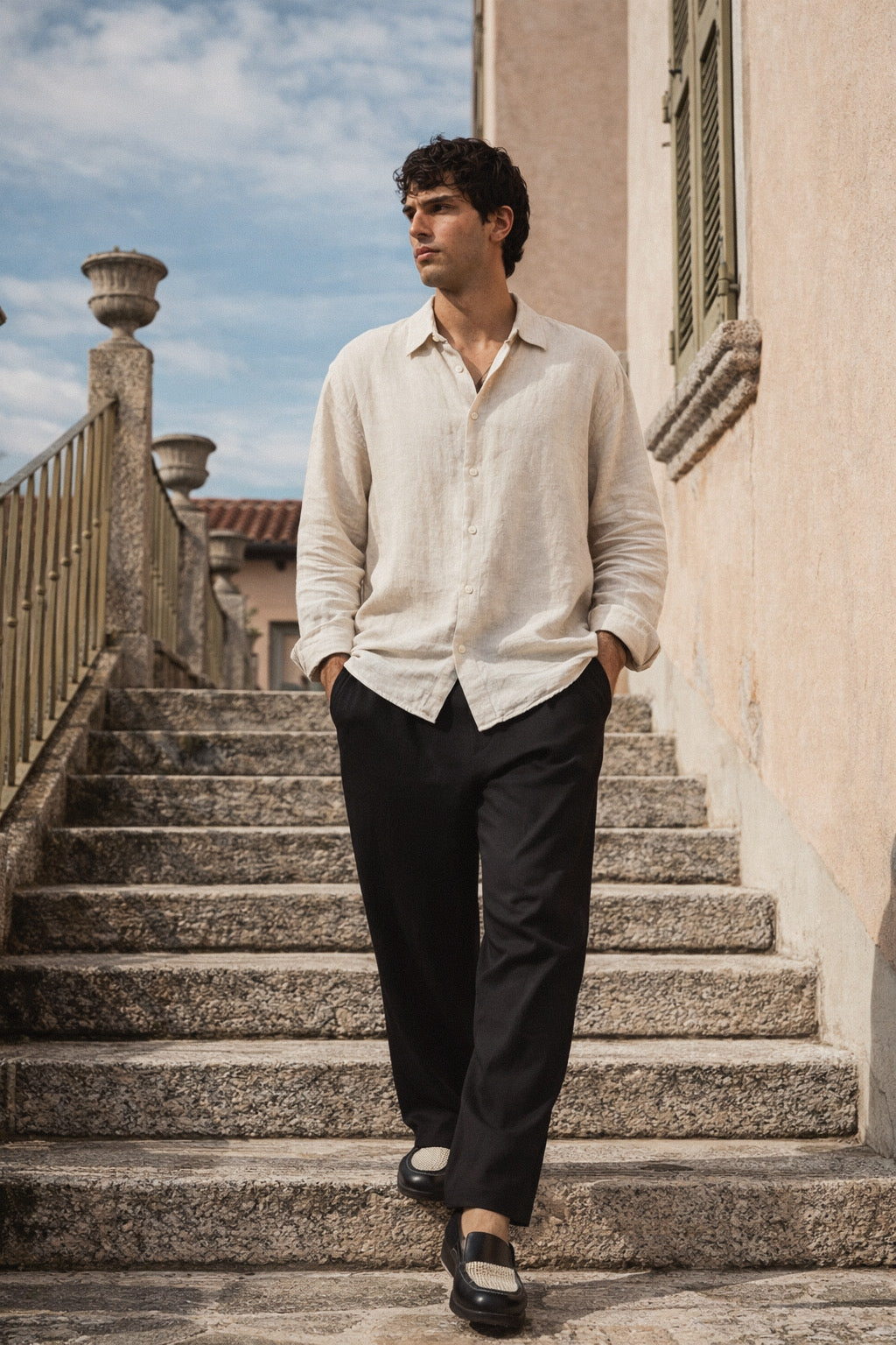 Riviera Linen Style Long Sleeve Beige Shirt